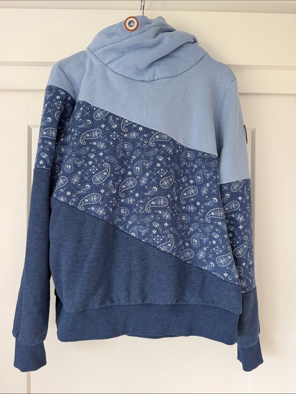 Wanakome Blue Paisley Panel Cowl Neck Sweater